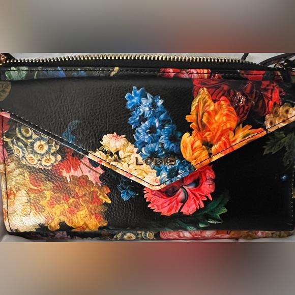Black Leather clutch with flowers and crossbody shoulder bag. LODIS 9x5x0.5” - Picture 2 of 13